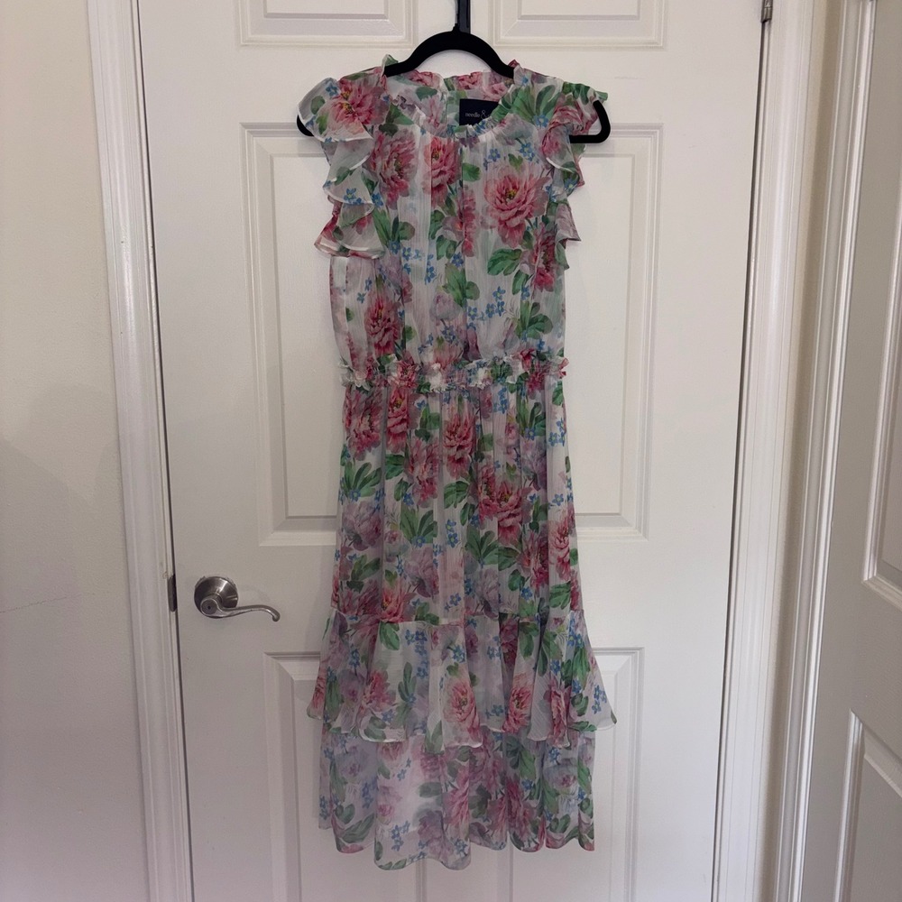 Needle & Thread Floral Chiffon Ruffle Midi Dress Pink Blue White US 10 UK 14